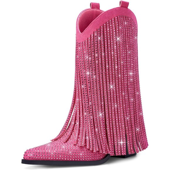 ⚡Women's Pink Mid Calf Cowgirl Boots With Star Studded Pointed Toe Chunky Heel - Picture 1 of 5